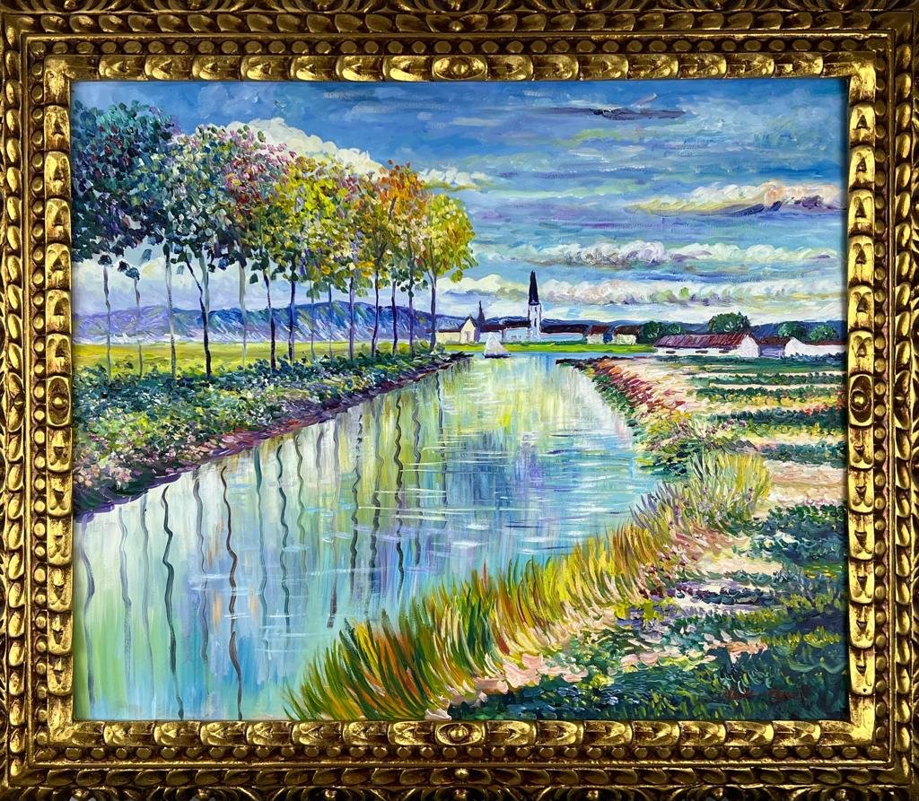 Claude Monet French (Oil on Canvas Painting) in the style of: Rendered in the style of Claude Monet. Technique:Oil on Canvas painting. Measures: 25 x 29 Inches aprox. Provenance: Private collection Europe. "In the style of" means after the artist. The artwork is
