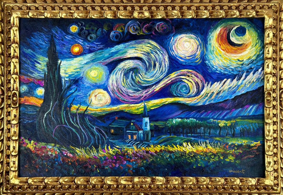 Vincent Van Gogh Dutch (Oil on Canvas Painting) in the style of: Rendered in the style of Vincent Van Gogh. Technique:Oil on canvas Painting. Measures: 21 x 29 Inches. Provenance:Private Collection Europe. "In the style of" means after the artist. The work is frame