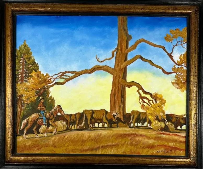 Maynard Dixon American (Oil on Canvas Painting) in the style of: Rendered in the style of Maynard Dixon. Technique:Oil on Canvas painting. Measures: 21 x 25 Inches aprox. Provenance: Private collection."In the style of" means after the artist. The artwork is framed