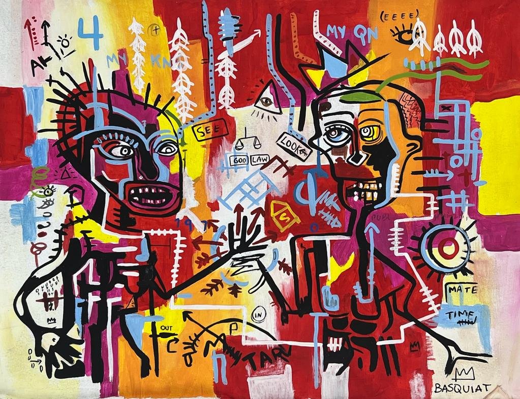 Jean-Michel Basquiat (Mixed media on Paper Painting) In the style of: Mixed media painting on paper, rendered in the style of Jean-Michel Basquiat. Measures: 8.5” x 11” Inches aprox. Provenance: Private Collection N.Y."In the style of" means after the artist