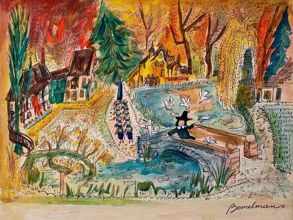 Ludwig Bemelmans (Mixed media on Paper Painting) In the style of: Mixed media painting on paper, rendered in the style of Ludwig Bemelmans. Measures: 9” x 11.5” Inches aprox. Provenance: Private Collection."In the style of" means after the artist. Bemelm