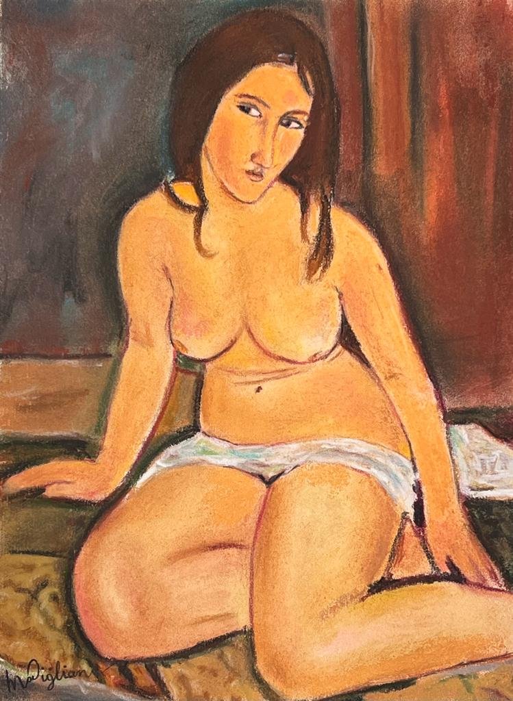 Amedeo Modigliani Italian (Mixed media on Paper Painting) In the style of: Mixed media painting on paper, rendered in the style of Amedeo Modigliani. Measures: 7” x 10” Inches aprox. Provenance: Private Collection."In the style of" means after the artist. Modigli