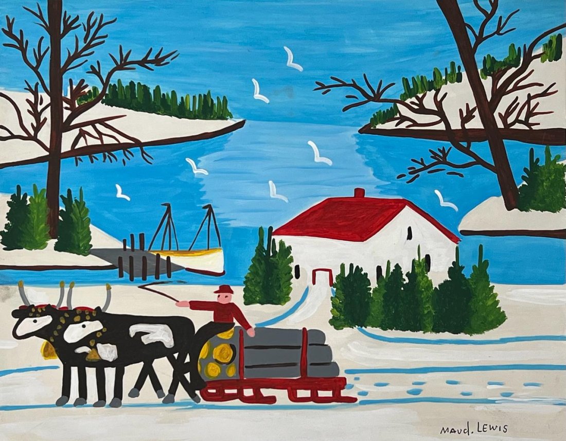 Maud Lewis Canadian (Mixed media on Paper Painting) In the style of: Mixed media painting on paper, rendered in the style of Maud Lewis. Measures: 8.5” x 11” Inches aprox. Provenance: Private Collection."In the style of" means after the artist. Lewis lived 