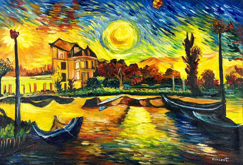 Vincent Van Gogh Dutch (Oil on Canvas Painting) in the style of: Rendered in the style of Vincent Van Gogh. Technique:Oil on canvas Painting. Measures: 16 x 23.5 Inches. Provenance:Private Collection Europe. "In the style of" means after the artist. Van gogh lived 