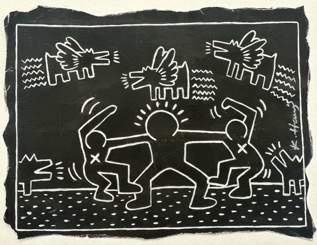Keith Haring (Mixed media on Paper Painting) In the style of: Mixed media painting on paper, rendered in the style of Keith Haring. Measures: 7” x 10” Inches aprox. Provenance: Private Collection."In the style of" means after the artist. Haring lived