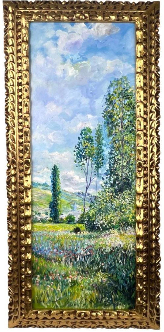 Claude Monet French (Oil on Canvas Painting) in the style of: Rendered in the style of Claude Monet. Technique:Oil on Canvas painting. Measures: 17 x 37 Inches aprox. Provenance: Private collection Europe. "In the style of" means after the artist. The artwork is