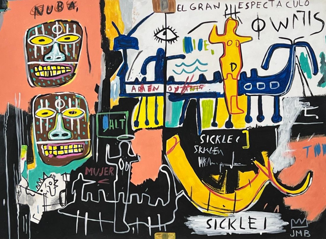 Jean-Michel Basquiat (Mixed media on Paper Painting) In the style of: Mixed media painting on paper, rendered in the style of Jean-Michel Basquiat. Measures: 8” x 11” Inches aprox. Provenance: Private Collection N.Y."In the style of" means after the artist. 