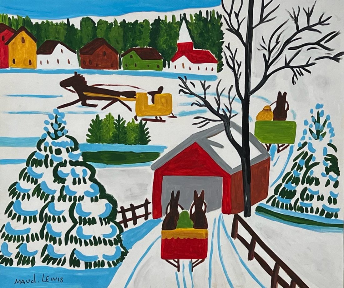 Maud Lewis Canadian (Mixed media on Paper Painting) In the style of: Mixed media painting on paper, rendered in the style of Maud Lewis. Measures: 8.5” x 10” Inches aprox. Provenance: Private Collection."In the style of" means after the artist. Lewis lived 