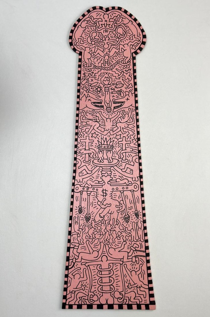 Keith Haring American (Acrylic on wood painting) in the Style of: Rendered in the style of Keith Haring ("The Great white way"), Hand painted acrylic on wood sculpture. Measures: 5.5” x 18.5” inches aprox. Provenance:Private Collection. "In the style of"