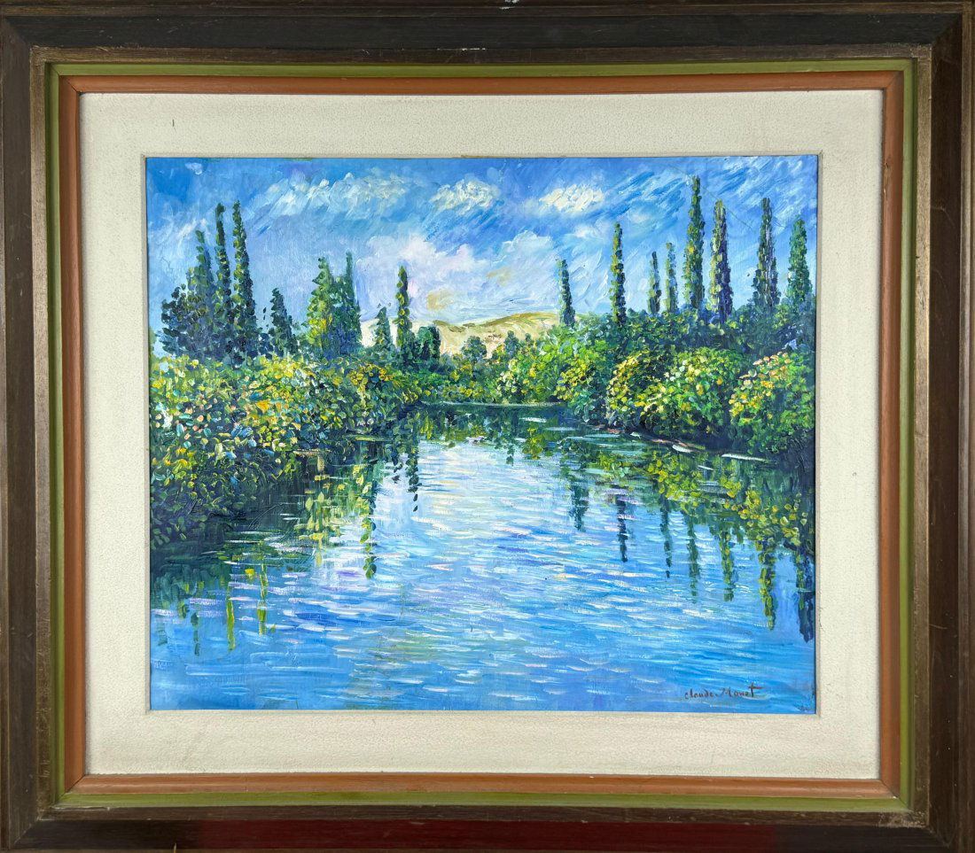 Claude Monet French (Oil on Canvas Painting) in the style of: Rendered in the style of Claude Monet. Technique:Oil on canvas painting. Measures: 30.5 x 34.5 Inches aprox. Provenance: Private collection Europe. "In the style of" means after the artist. The artwor