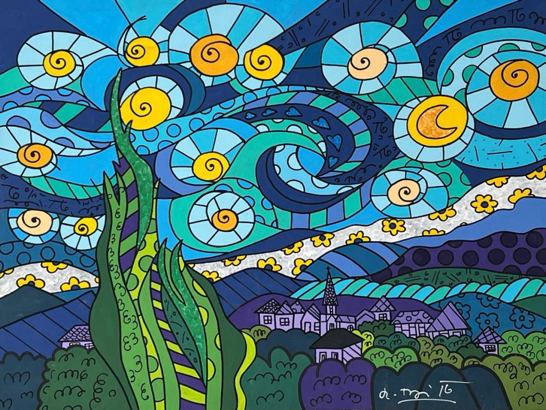 Romero Britto (Mixed media on Paper Painting) In the style of: Mixed media painting on paper,Rendered in the style of Romero Britto. Measures: 8.5” x 11.5” Inches aprox. Provenance: Private Collection."In the style of" means after the artist. Britto b