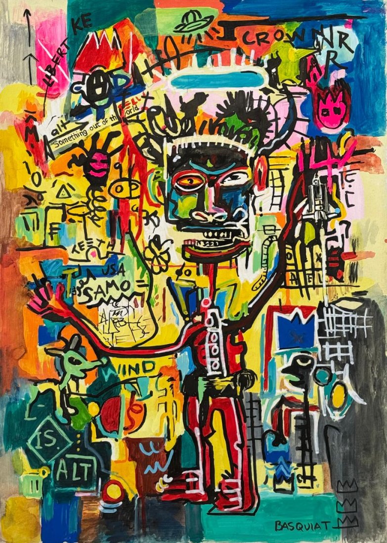 Jean-Michel Basquiat (Mixed media on Paper Painting) In the style of: Mixed media painting on paper, rendered in the style of Jean-Michel Basquiat. Measures: 8.5” x 12” Inches aprox. Provenance: Private Collection N.Y."In the style of" means after the artist