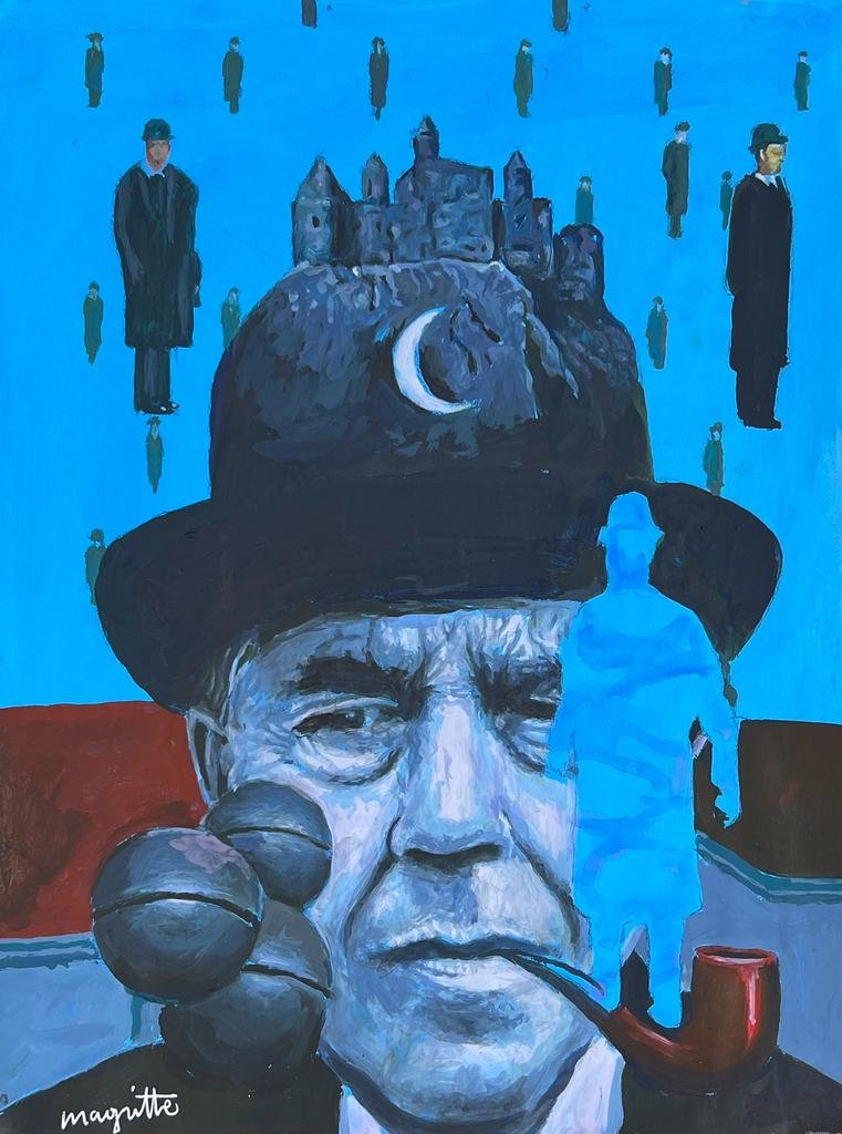 Rene Magritte (Mixed Media On Paper Painting) In the style of: Mixed media painting on paper, rendered in the style of Rene Magritte. Measures: 8.5” x 11” Inches aprox. Provenance: Private Collection. "In the style of" means after the artist. Magritte