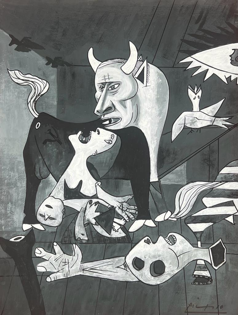 Pablo Picasso Spanish (Mixed media on Paper Painting) In the style of: Mixed media painting on paper, rendered in the style of Pablo Picasso. Measures: 8.5” x 11.5” Inches aprox. Provenance: Private Collection."In the style of" means after the artist. Picasso