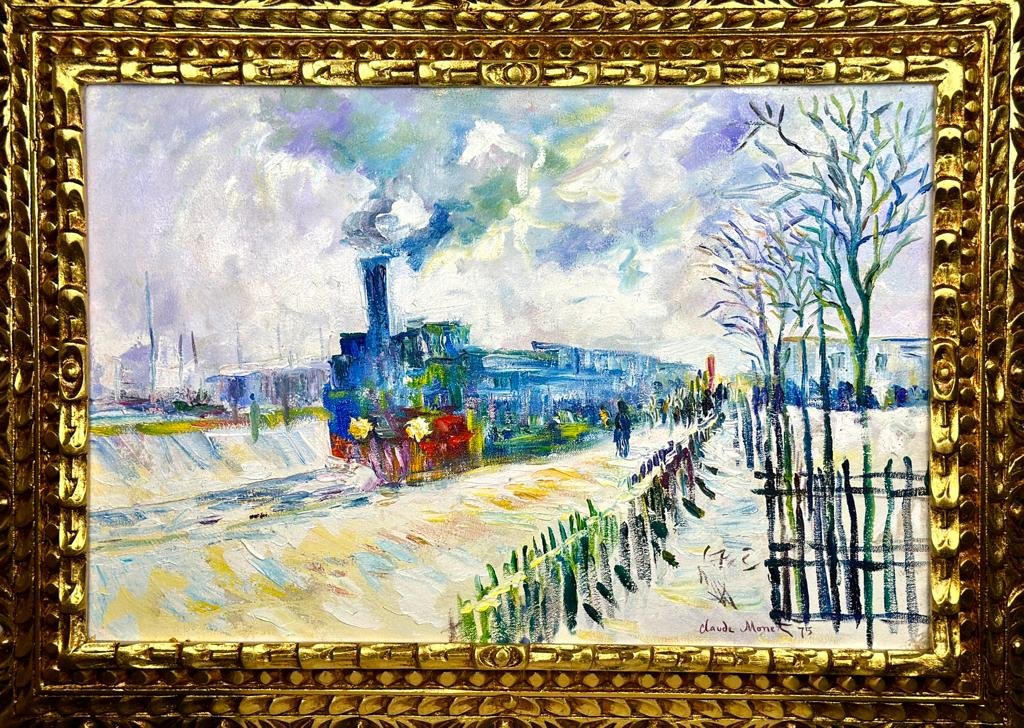 Claude Monet French (Oil on Canvas Painting) in the style of: Rendered in the style of Claude Monet. Technique:Oil on Canvas painting. Measures: 21 x 29 Inches aprox. Provenance: Private collection Europe. "In the style of" means after the artist. The artwork is