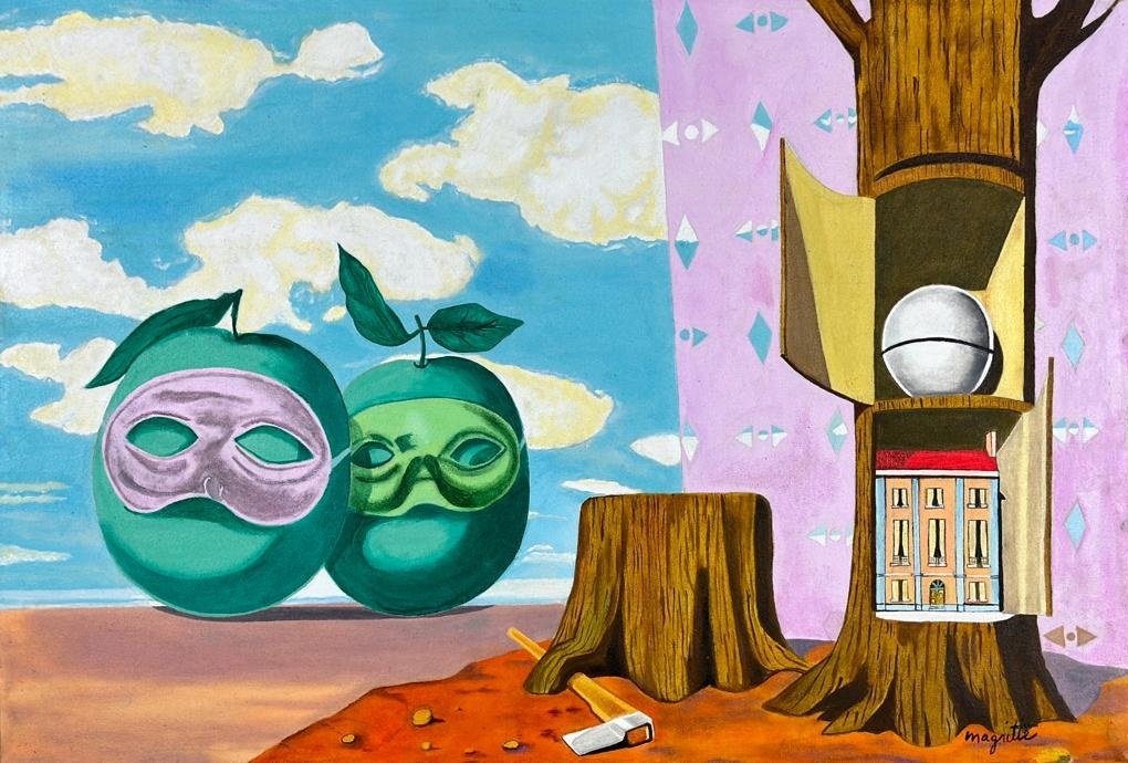 Rene Magritte (Oil on Canvas Painting) in the style of: Beautiful painting, rendered in the style of Rene Magritte. Technique: Oil on Canvas painting. Measures: 15.5 x 23.5 Inches aprox. Provenance:Private collection Europe."In the style of" means after th