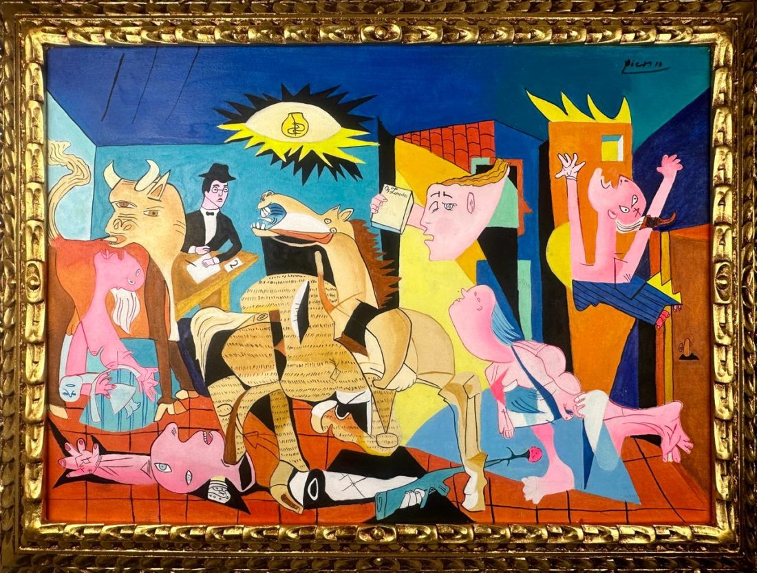 Pablo Picasso Spanish (Oil on Canvas Painting) In the style of: Rendered in the style of Pablo Picasso. Technique:Oil on Canvas painting. Measures: 25 x 33 Inches aprox. Provenance: Private collection Europe, adcquired by descent."In the style of" means after the 