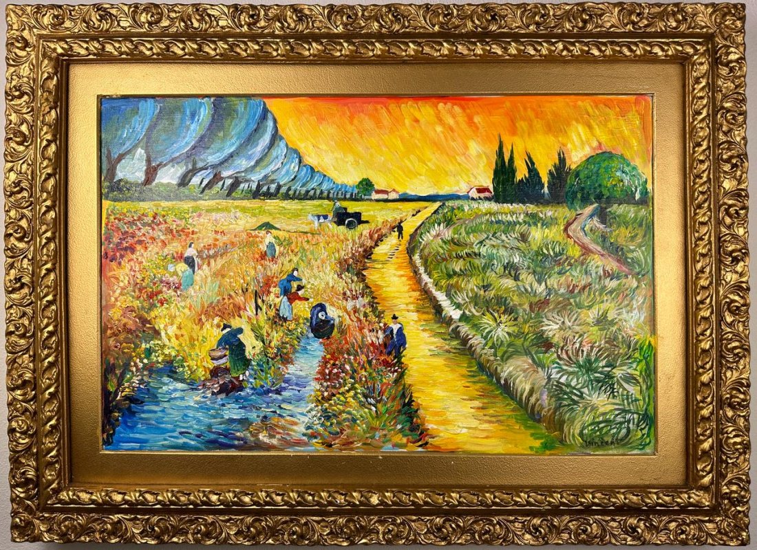 Vincent Van Gogh Dutch (Oil on Wood Painting) in the style of: Rendered in the style of Vincent Van Gogh. Technique: Oil on wood Painting. Measures: 23.5 x 32 Inches. Provenance:Private Collection Europe. "In the style of" means after the artist. The work is fram