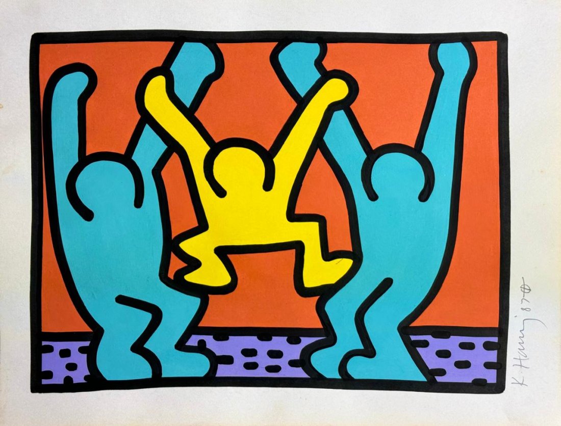 Keith Haring American (Mixed media on Paper Painting) In the style of: Mixed media painting on paper, rendered in the style of Keith Haring. Measures: 8.5” x 11.5” Inches aprox. Provenance: Private Collection."In the style of" means after the artist. Haring l
