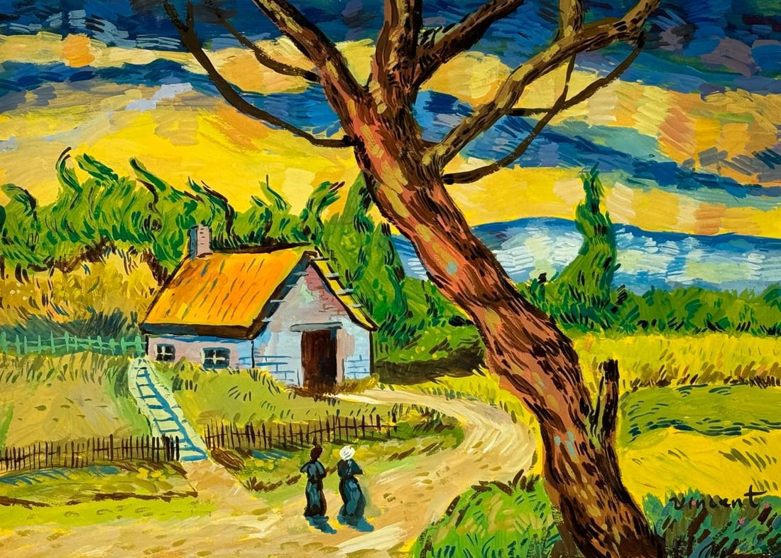 Vincent Van Gogh Dutch (Mixed Media on Paper Painting) In the style of (1 of 4)