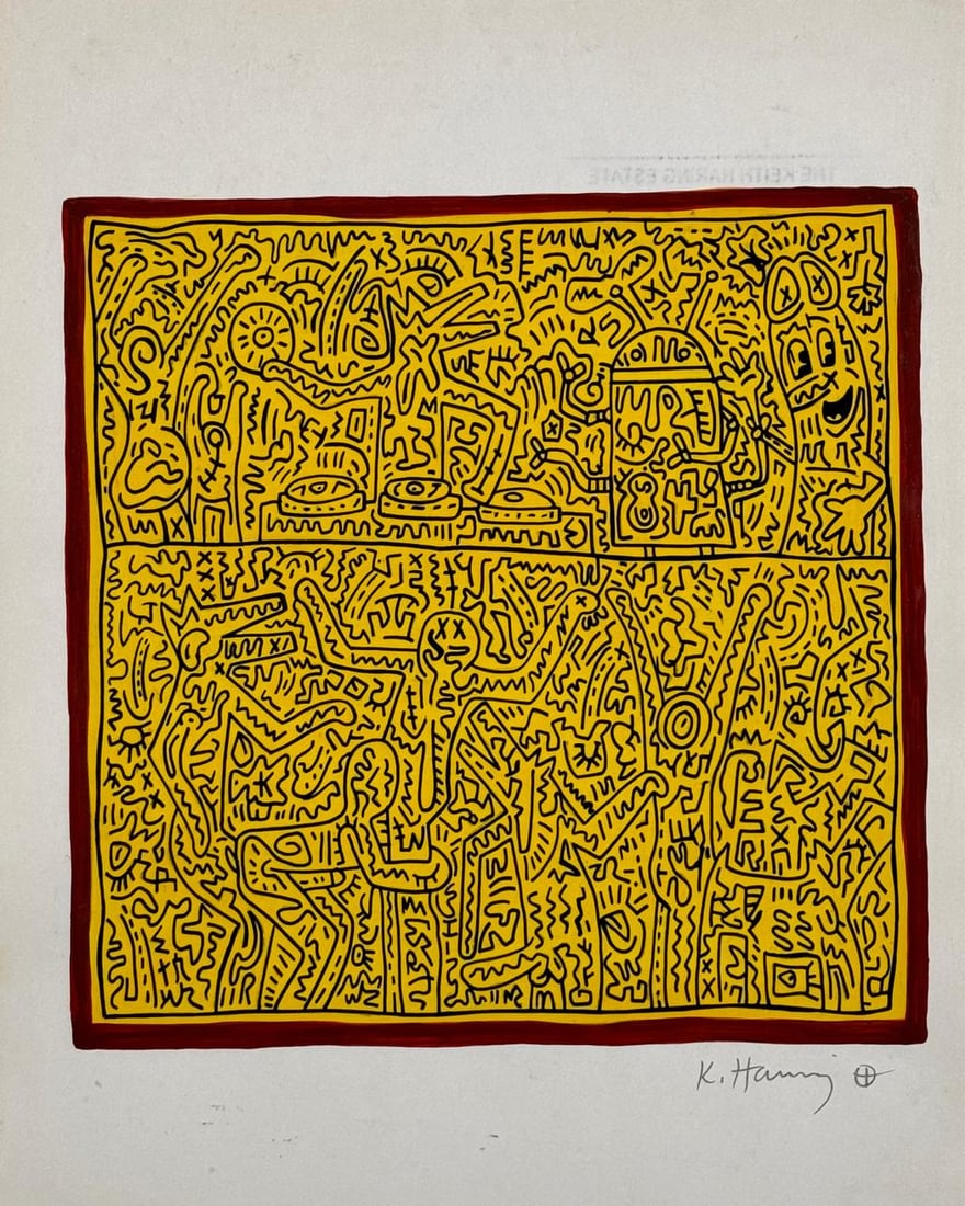 Keith Haring American (Mixed media on Paper Painting) In the style of: Mixed media painting on paper, rendered in the style of Keith Haring. Measures: 8.5” x 11” Inches aprox. Provenance: Private Collection."In the style of" means after the artist. Haring liv