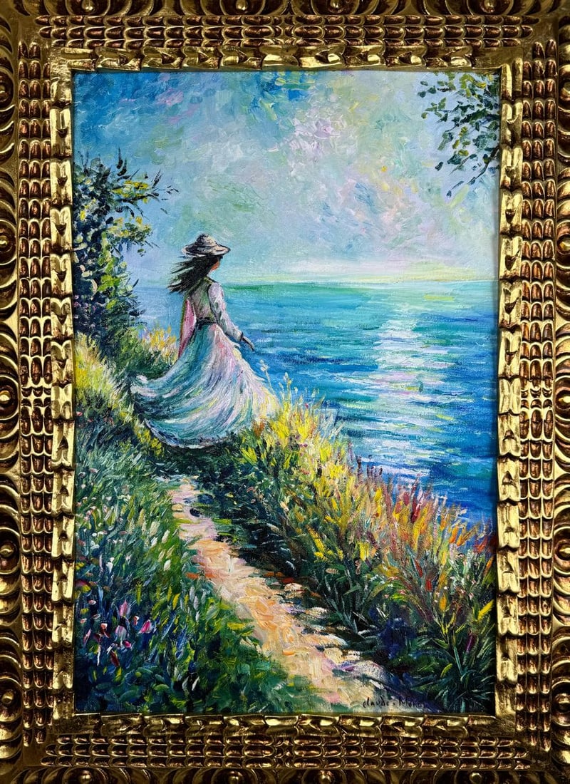 Claude Monet French (Oil on Canvas Painting) in the style of: Rendered in the style of Claude Monet. Technique: Oil on Canvas painting. Measures: 22 x 30 Inches aprox. Provenance: Private collection. "In the style of" means after the artist. The artwork is frame