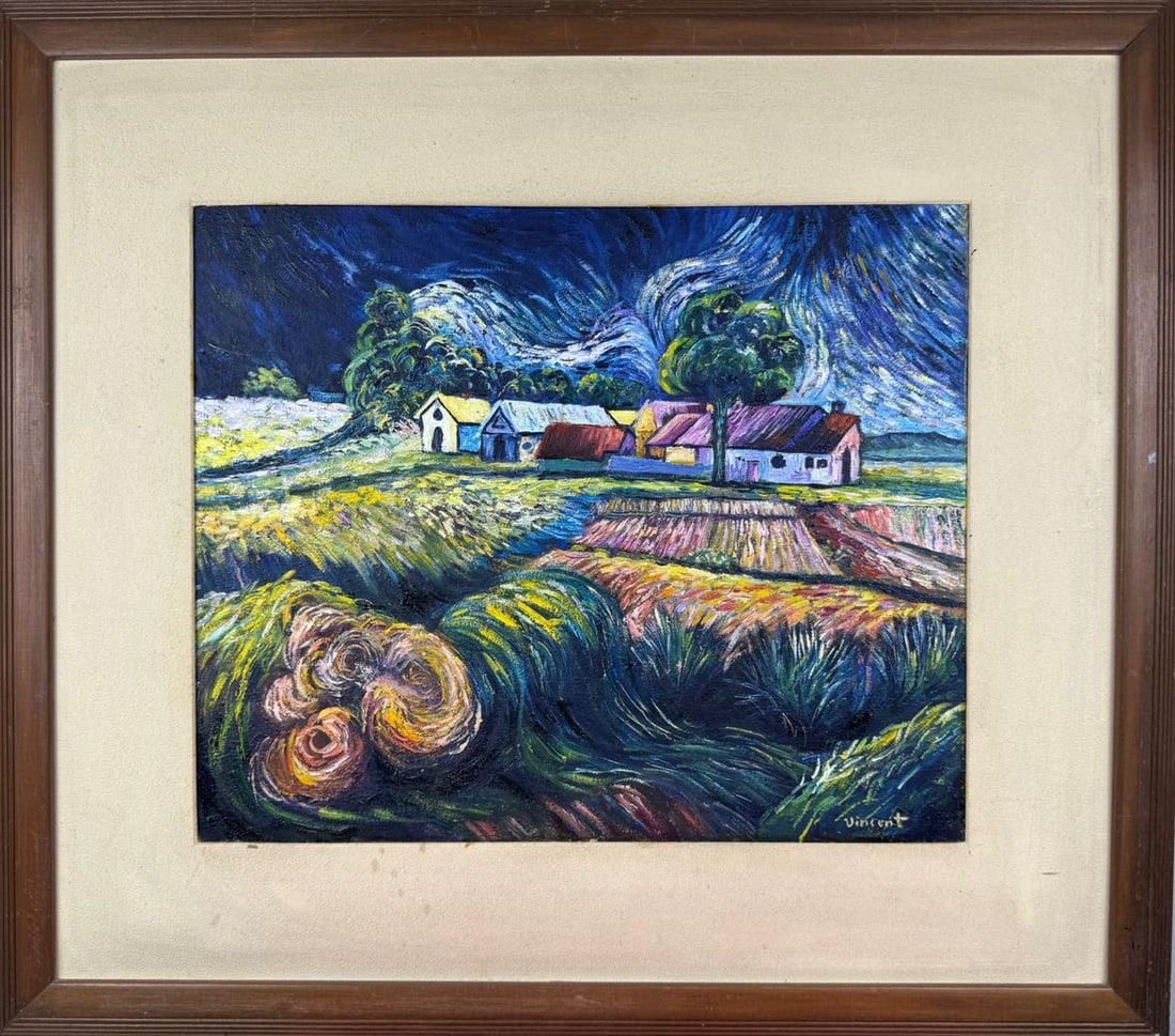 Vincent Van Gogh Dutch (Oil on Canvas Painting) in the style of: Rendered in the style of Vincent Van Gogh. Technique: Oil on canvas Painting. Measures: 29.5 x 33.5 Inches. Provenance: Private Collection Europe. "In the style of" means after the artist. The work is