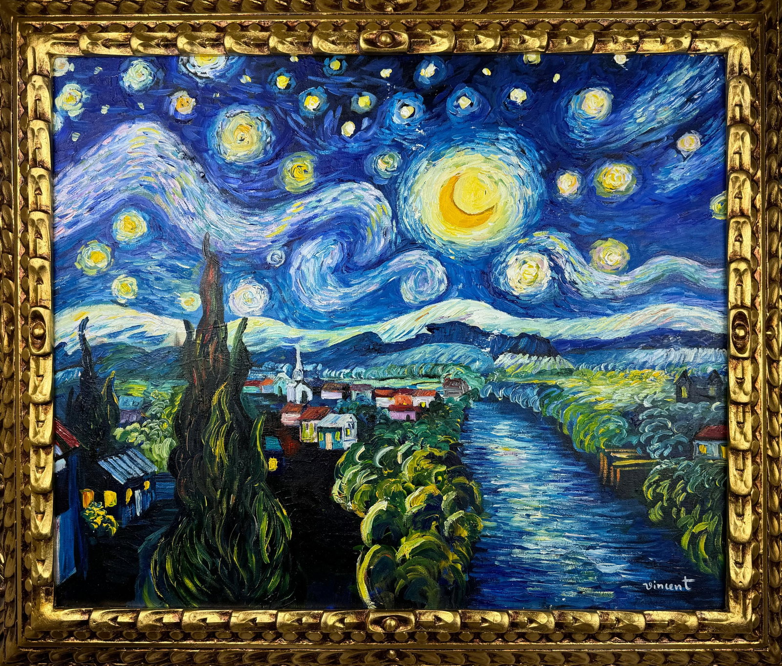 Vincent Van Gogh Dutch (Oil on Canvas Painting) in the style of: Rendered in the style of Vincent Van Gogh. Technique: Oil on canvas Painting. Measures: 25 x 29 Inches. Provenance:Private Collection Europe. "In the style of" means after the artist. The work is fram