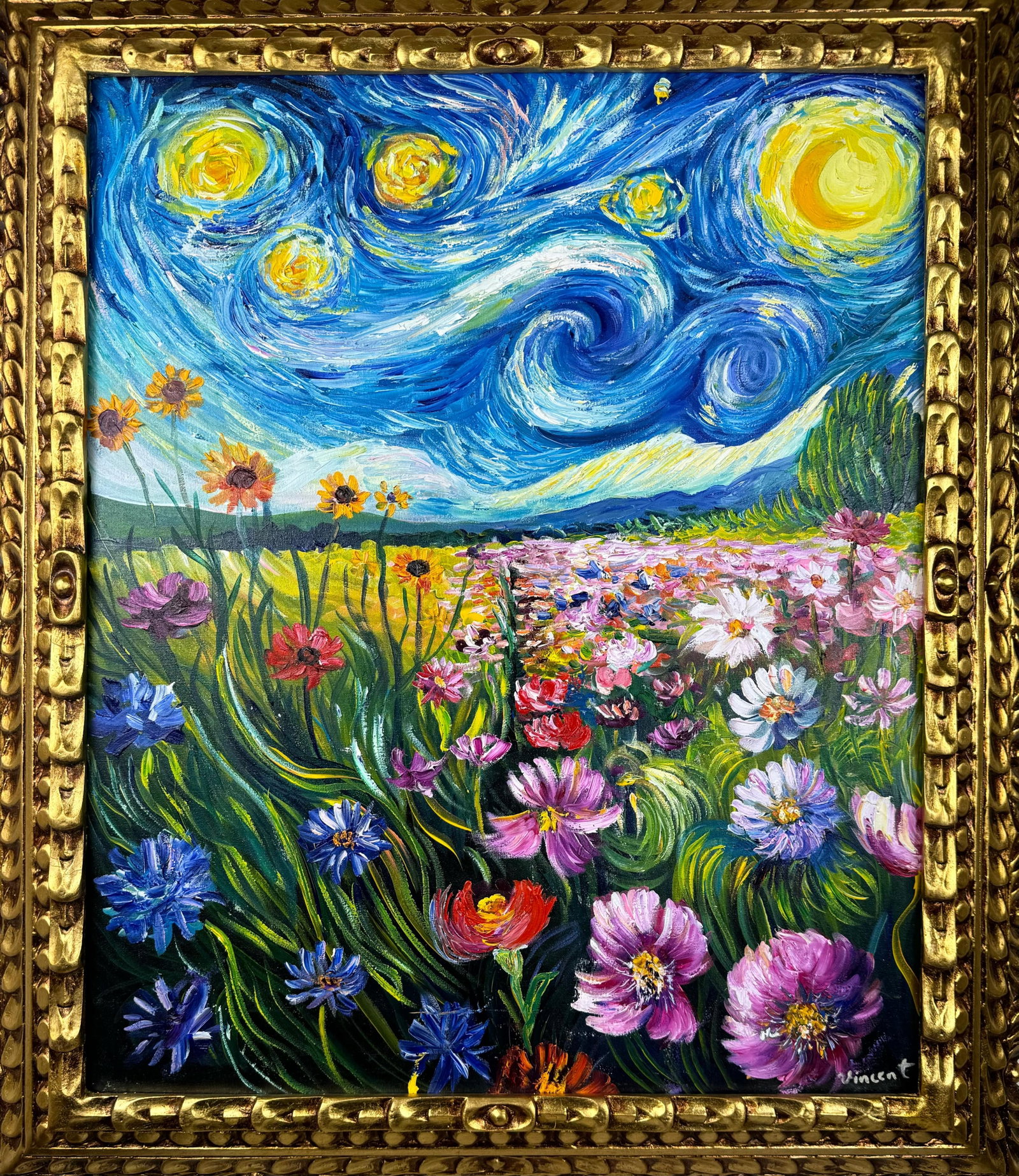 Vincent Van Gogh Dutch (Oil on Canvas Painting) in the style of: Rendered in the style of Vincent Van Gogh. Technique: Oil on canvas Painting. Measures: 25 x 29 Inches. Provenance:Private Collection Europe. "In the style of" means after the artist. The work is fram