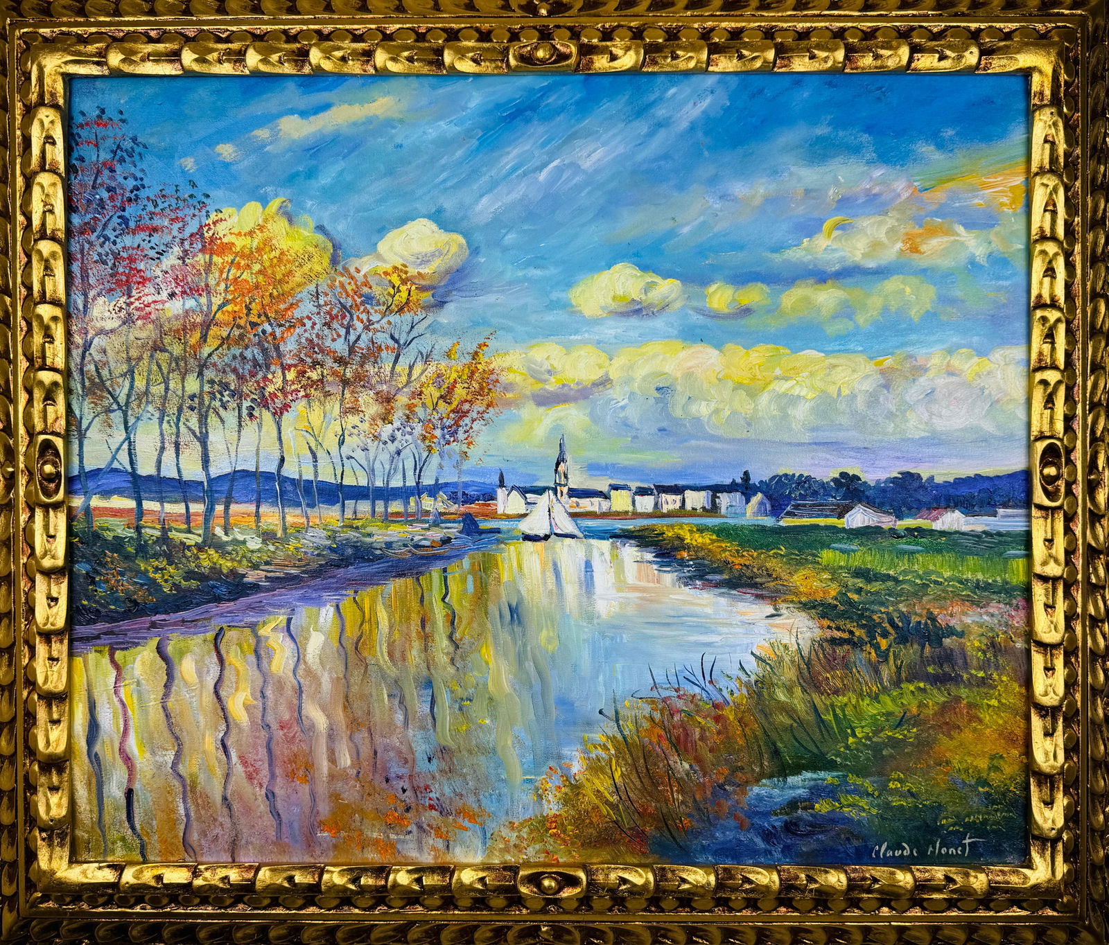 Claude Monet French (Oil on Canvas Painting) in the style of: Rendered in the style of Claude Monet. Technique: Oil on Canvas painting. Measures: 25 x 29 Inches aprox. Provenance: Private collection. "In the style of" means after the artist. The artwork is frame