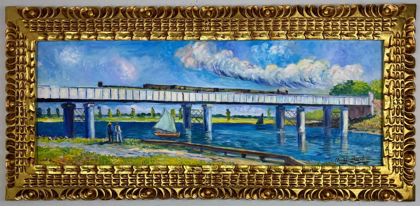 Claude Monet French (Oil on Canvas Painting) in the style of: Rendered in the style of Claude Monet. Technique: Oil on Canvas painting. Measures: 17.5 x 37.5 Inches aprox. Provenance: Private collection. "In the style of" means after the artist. The artwork is f