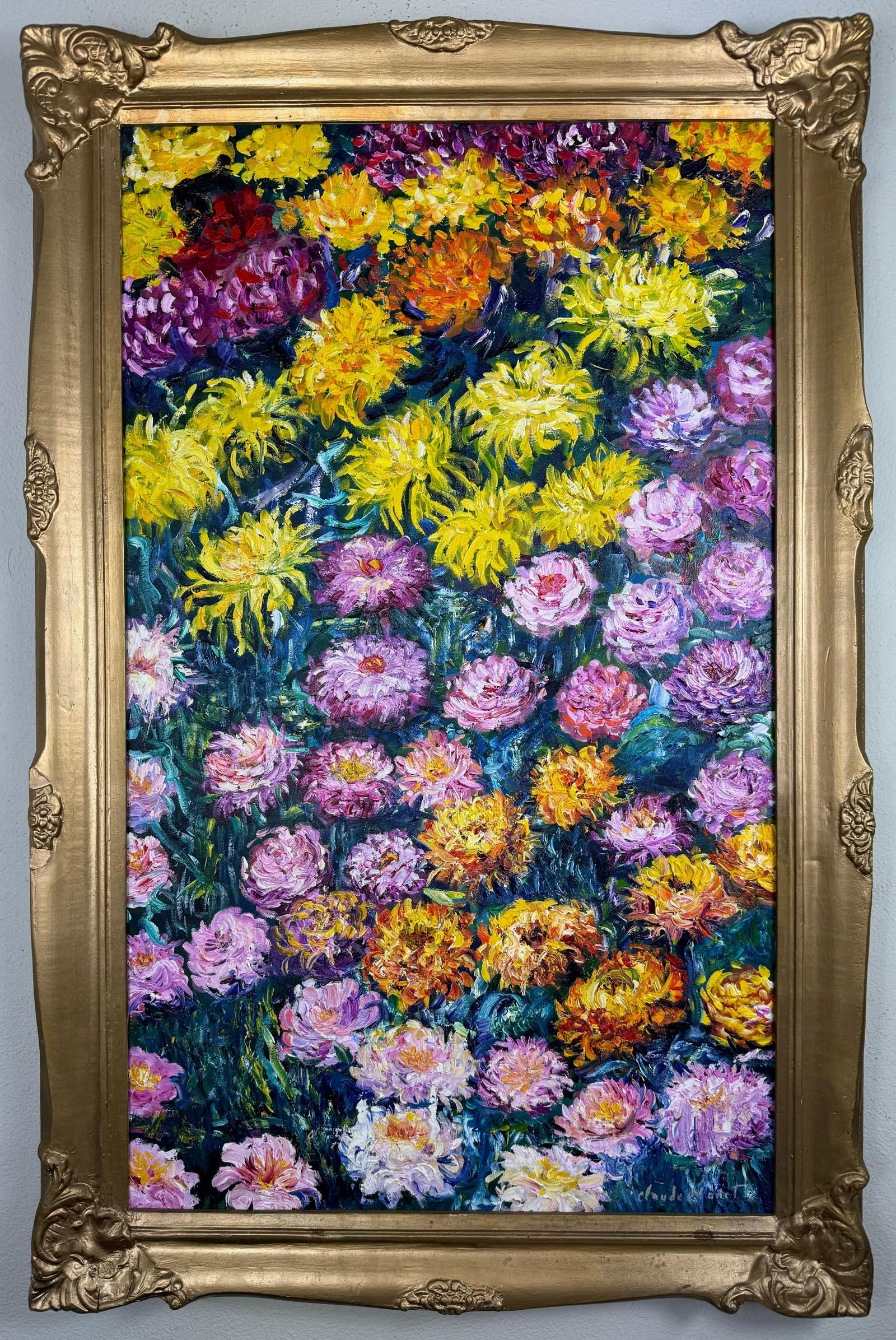 Claude Monet French (Oil on Canvas Painting) in the style of: Rendered in the style of Claude Monet. Technique: Oil on Canvas painting. Measures: 23 x 35 Inches aprox. Provenance: Private collection. "In the style of" means after the artist. The artwork is frame