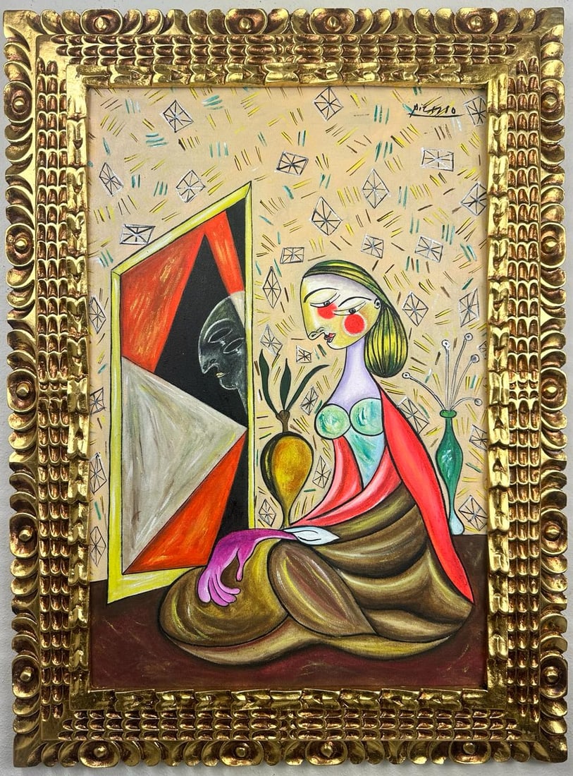 Pablo Picasso Spanish (Oil on Canvas Painting) In the style of: Rendered in the style of Pablo Picasso. Technique:Oil on Canvas painting. Measures: 22 x 30 Inches aprox. Provenance: Private collection Europe."In the style of" means after the artist. The artwork is