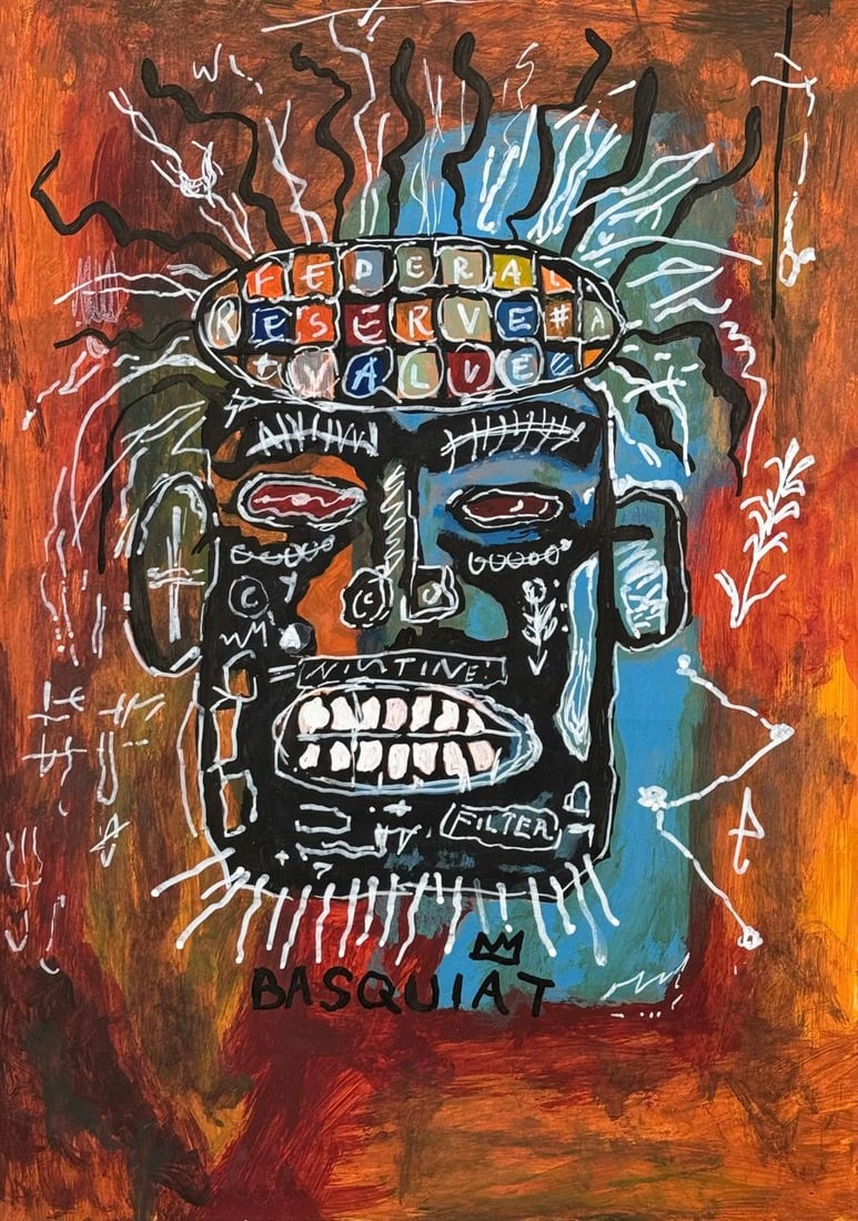 Jean-Michel Basquiat (Mixed media on Paper Painting) In the style of: Mixed media painting on paper, rendered in the style of Jean-Michel Basquiat. Measures: 8.5” x 12” Inches aprox. Provenance: Private Collection N.Y."In the style of" means after the artist