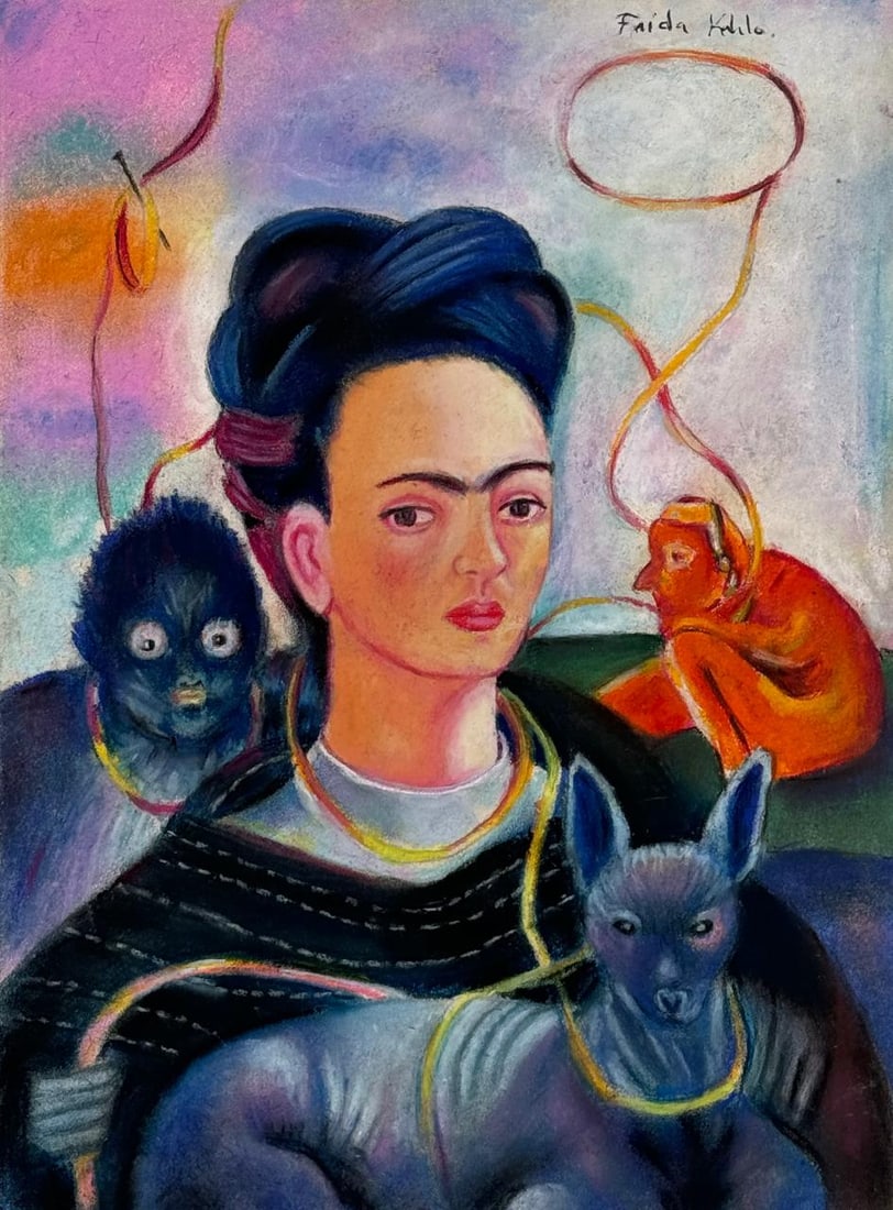 Frida Kahlo Mexican (Mixed media on Paper Painting) In the style of: Mixed media painting on paper, rendered in the style of Frida Kahlo. Measures: 8” x 11” Inches aprox. Provenance: Private Collection Mexico."In the style of" means after the artist. Kahlo 
