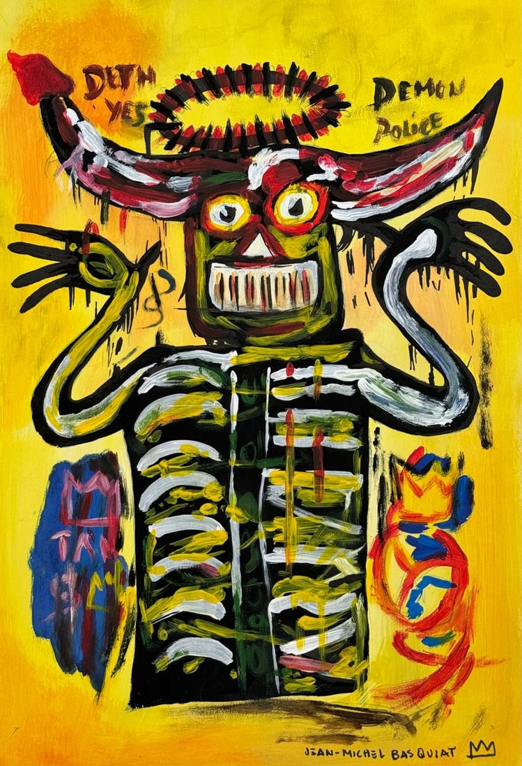 Jean-Michel Basquiat (Mixed media on Paper Painting) In the style of: Mixed media painting on paper, rendered in the style of Jean-Michel Basquiat. Measures: 8.5” x 12” Inches aprox. Provenance: Private Collection N.Y."In the style of" means after the artist