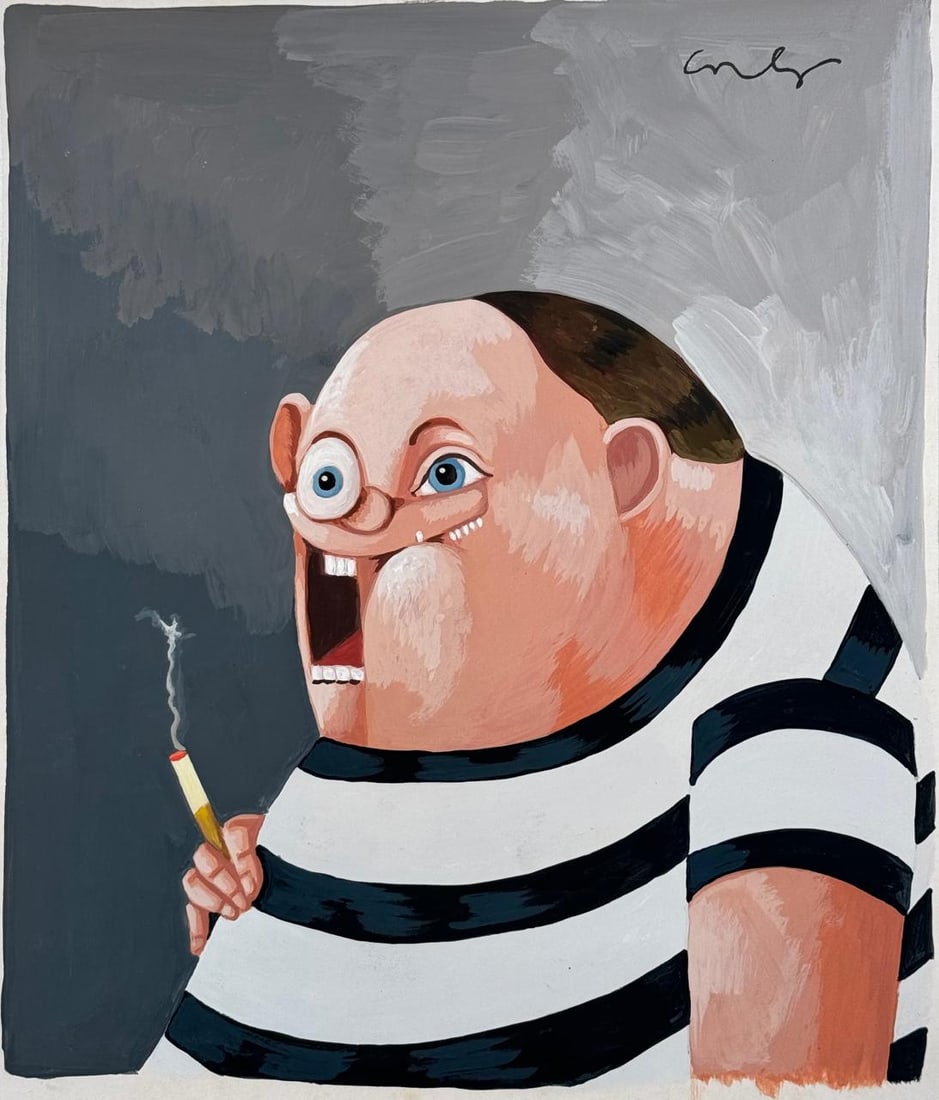 Geroge Condo (Mixed Media On Paper Painting) In the style of: Mixed media painting on paper, rendered in the style of George Condo. Measures: 7.5” x 9” Inches aprox. Provenance: Private Collection. "In the style of" means after the artist. Born 1957