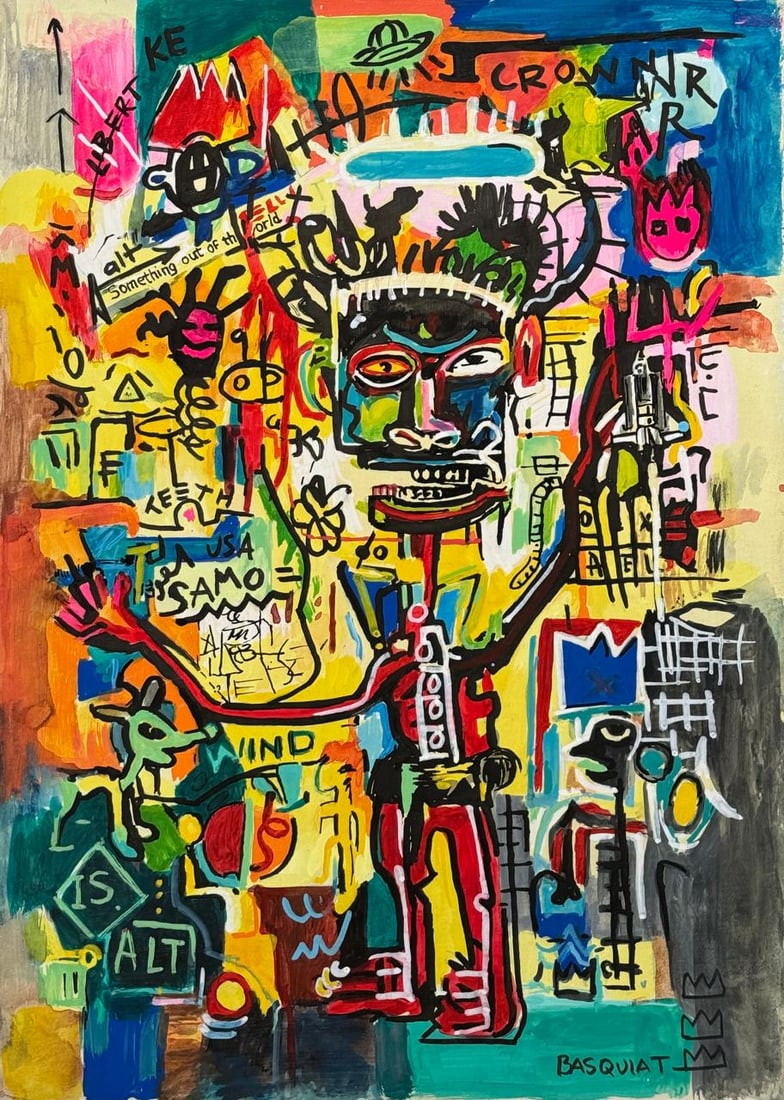 Jean-Michel Basquiat (Mixed media on Paper Painting) In the style of: Mixed media painting on paper, rendered in the style of Jean-Michel Basquiat. Measures: 8.5” x 12” Inches aprox. Provenance: Private Collection N.Y."In the style of" means after the artist