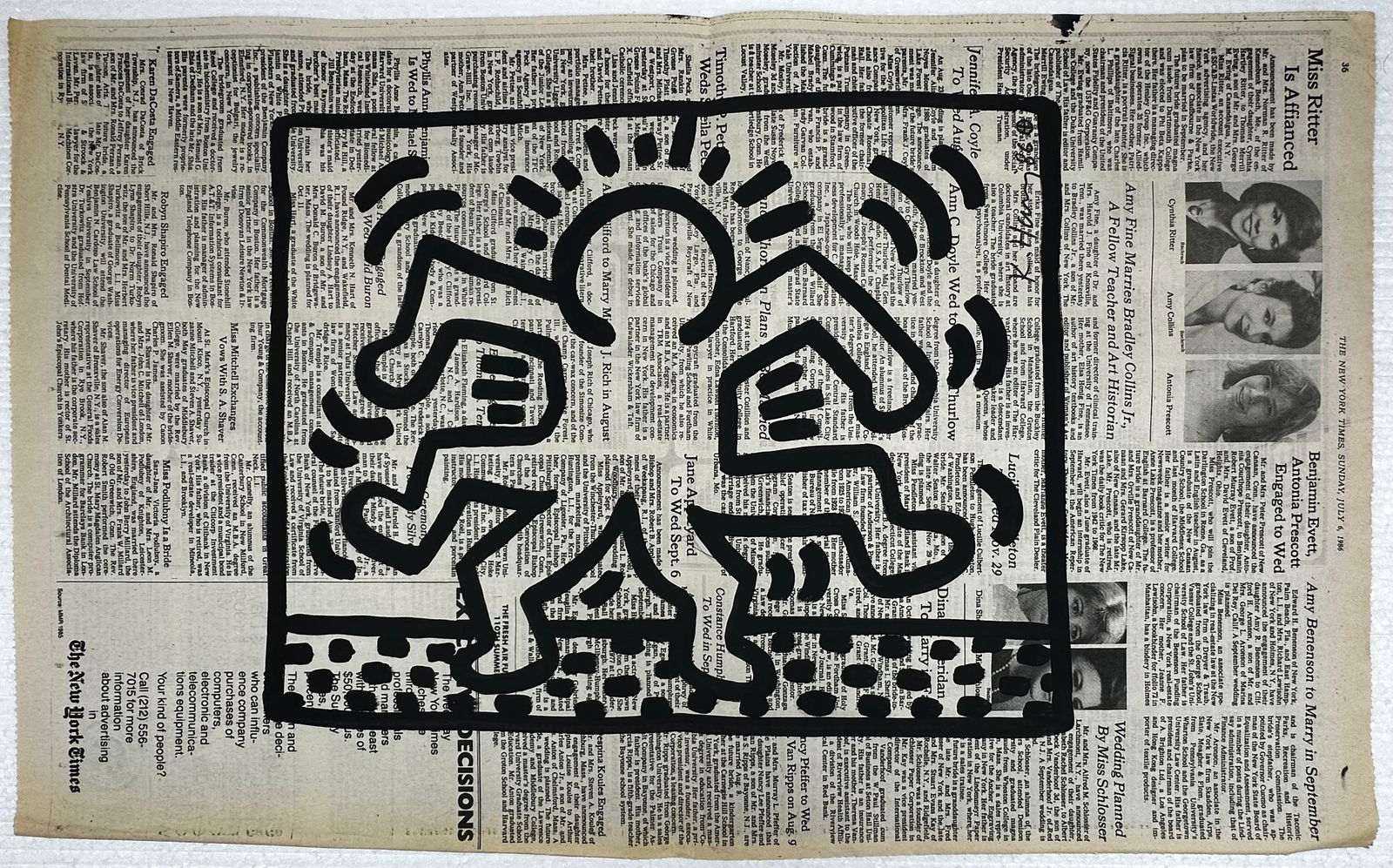 Keith Haring American (Painting on newspaper) In the style of: Painting on newspaper, rendered in the style of Keith Haring. Measures: 13.5” x 22” Inches aprox. Provenance: Private Collection."In the style of" means after the artist. Haring lived betw