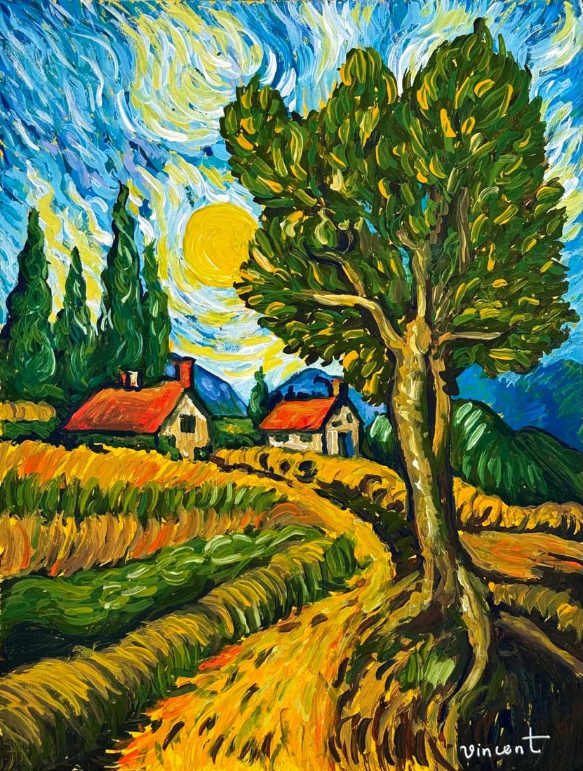 Vincent Van Gogh Dutch (Mixed Media on Paper Painting) In the style of (1 of 4)