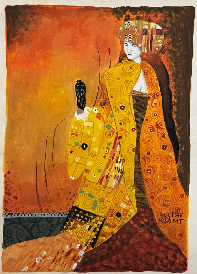 Gustav Klimt Austrian (Mixed media on Paper Painting) In the style of: Mixed media painting on paper, rendered in the style of Gustav Klimt. Measures: 8.5” x 11.5” Inches aprox. Provenance: Private Collection."In the style of" means after the artist. Klimt li
