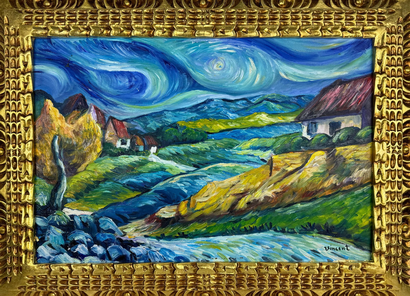 Vincent Van Gogh Dutch (Oil on Canvas Painting) in the style of: Rendered in the style of Vincent Van Gogh. Technique: Oil on canvas Painting. Measures: 21.5 x 29.5 Inches. Provenance:Private Collection Europe. "In the style of" means after the artist. The work is 