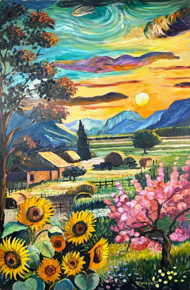 Vincent Van Gogh Dutch (Oil on Canvas Painting) in the style of: Rendered in the style of Vincent Van Gogh. Technique: Oil on canvas Painting. Measures: 15.5 x 23.5 Inches. Provenance:Private Collection. "In the style of" means after the artist. Van gogh lived betw