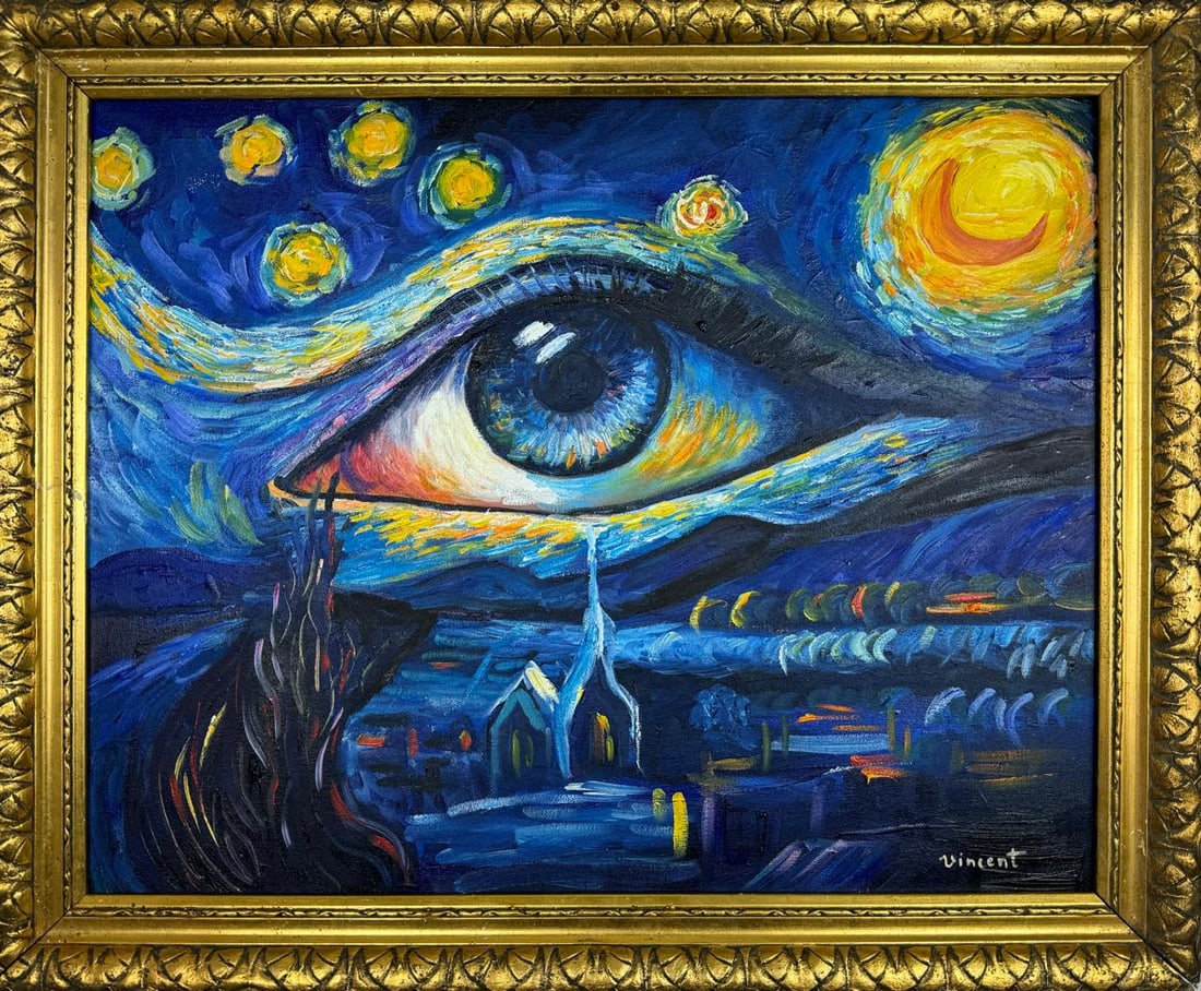 Vincent Van Gogh Dutch (Oil on Canvas Painting) in the style of: Rendered in the style of Vincent Van Gogh. Technique: Oil on canvas Painting. Measures: 18 x 22 Inches. Provenance:Private Collection. "In the style of" means after the artist. The work is framed. Van