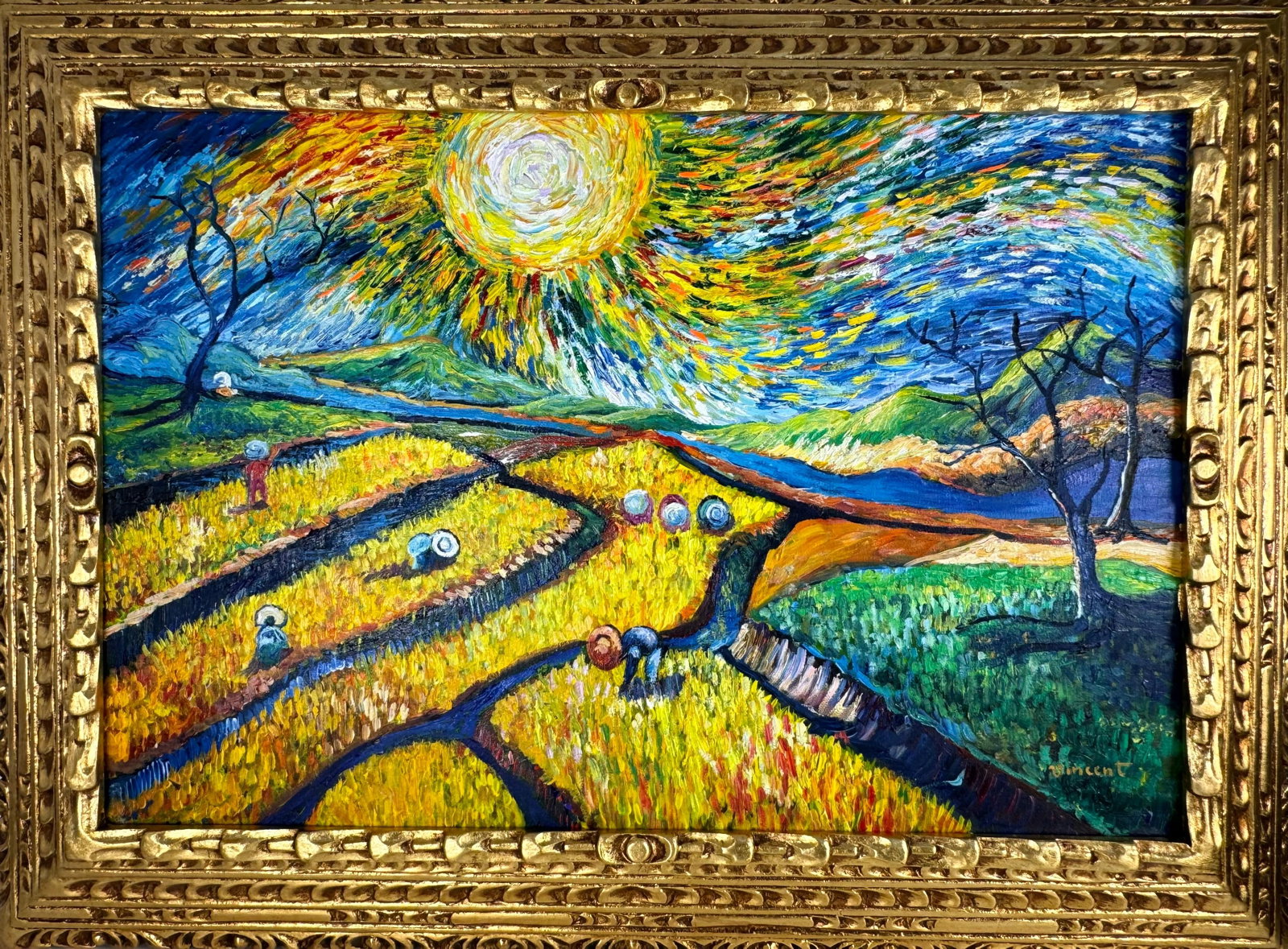 Vincent Van Gogh Dutch (Oil on Canvas Painting) in the style of: Rendered in the style of Vincent Van Gogh. Technique: Oil on canvas Painting. Measures: 21 x 29 Inches. Provenance:Private Collection. "In the style of" means after the artist. The work is framed. Van
