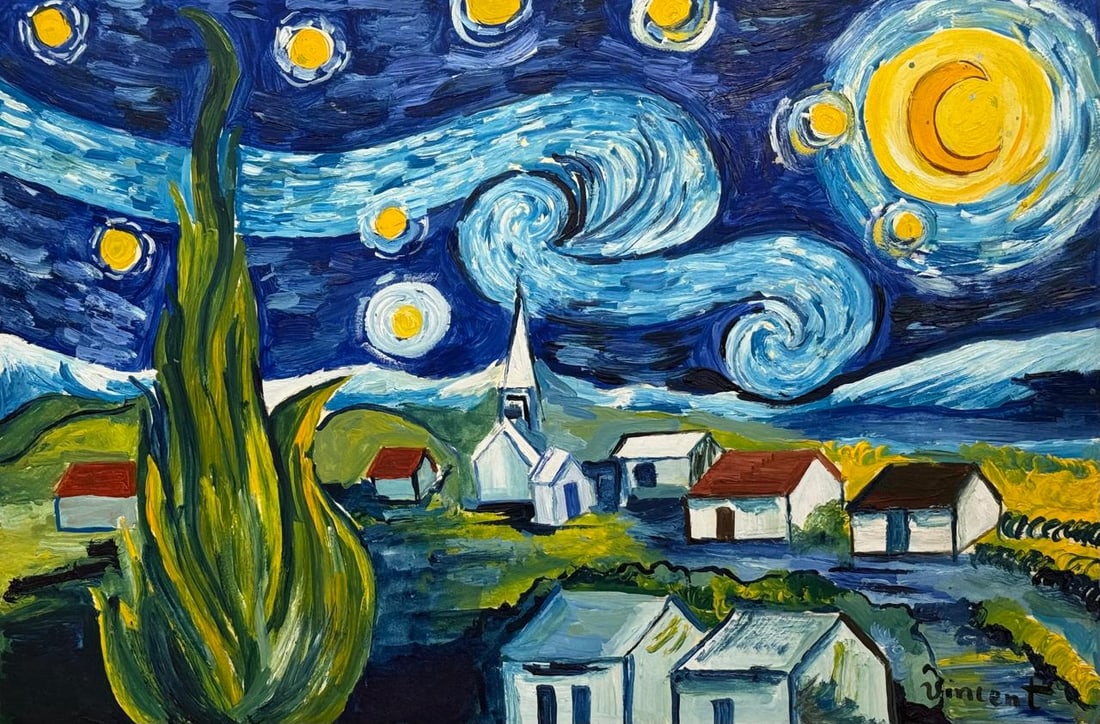 Vincent Van Gogh Dutch (Mixed Media on Paper Painting) In the style of: Mixed media painting on paper, rendered in the style of Vincent Van Gogh. Measures: 8.5” x 12.5” Inches aprox. Provenance: Private Collection."In the style of" means after the artist. Van 