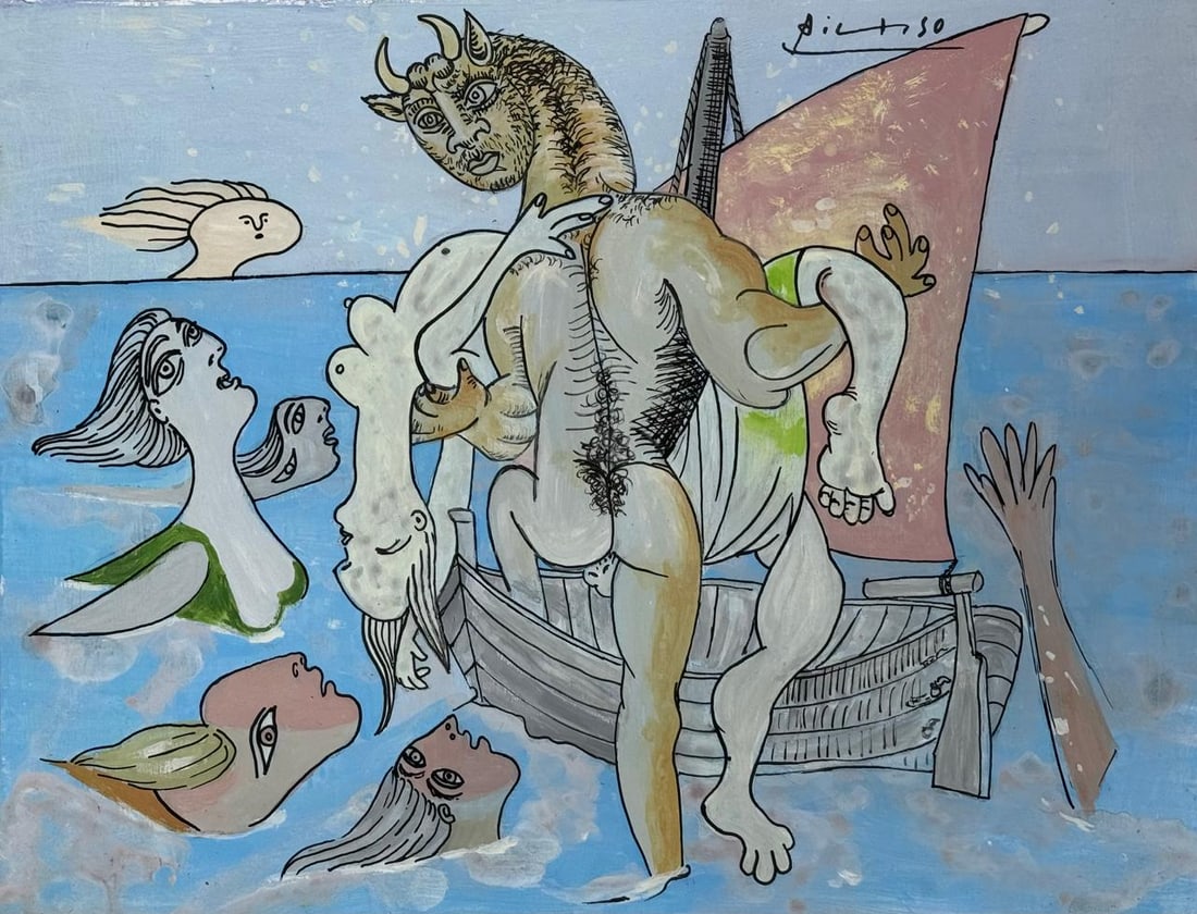 Pablo Picasso Spanish (Mixed media on Paper Painting) In the style of: Mixed media painting on paper, rendered in the style of Pablo Picasso. Measures: 8.5” x 11” Inches aprox. Provenance: Private Collection."In the style of" means after the artist. Picasso l