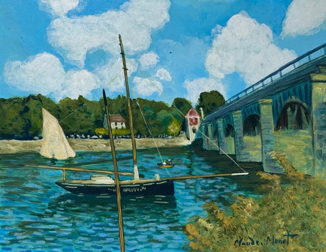 Claude Monet French (Mixed media on Paper Painting) In the style of: Mixed media painting on paper, rendered in the style of Claude Monet. Measures: 8.5” x 11” Inches aprox. Provenance: Private Collection."In the style of" means after the artist. Monet live