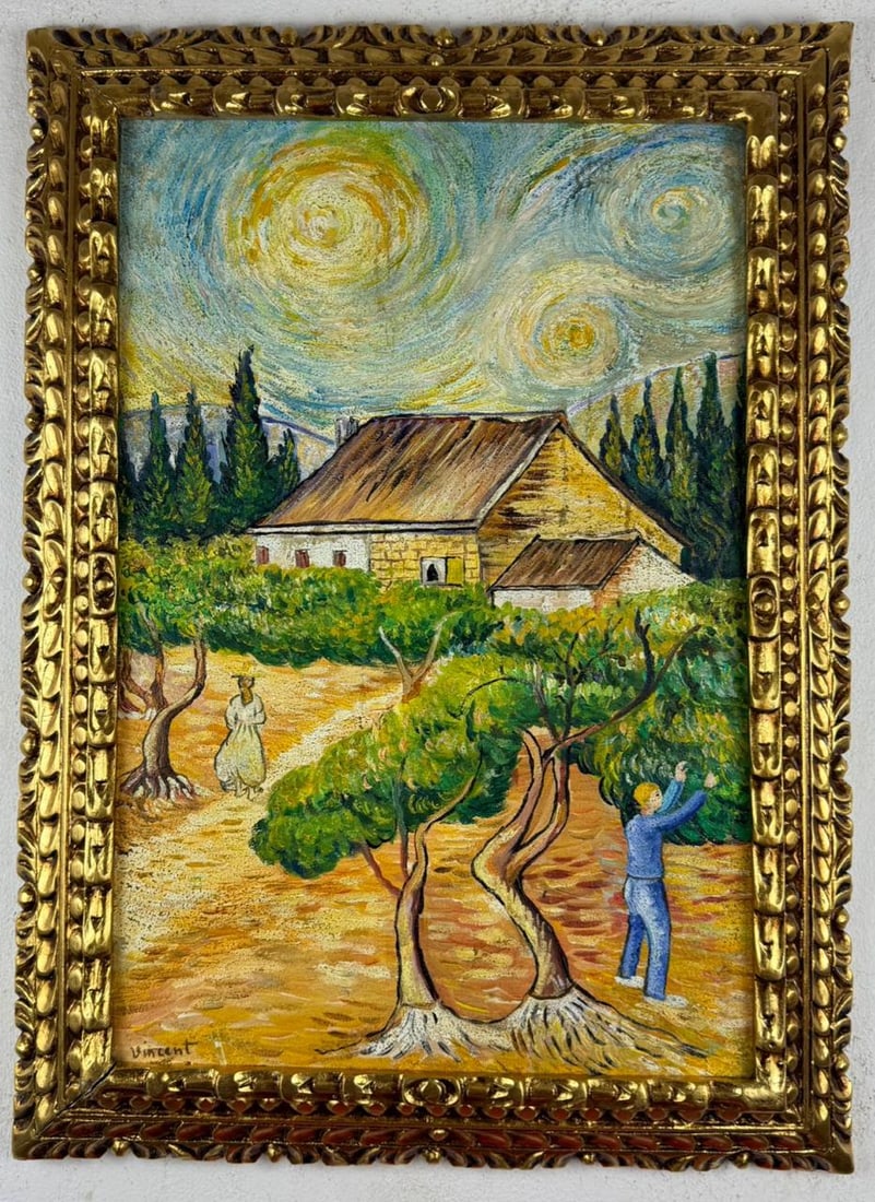 Vincent Van Gogh Dutch (Oil on Canvas Painting) in the style of: Rendered in the style of Vincent Van Gogh. Technique: Oil on canvas Painting. Measures: 21.5 x 29.5 Inches. Provenance:Private Collection Europe. "In the style of" means after the artist. The work is 