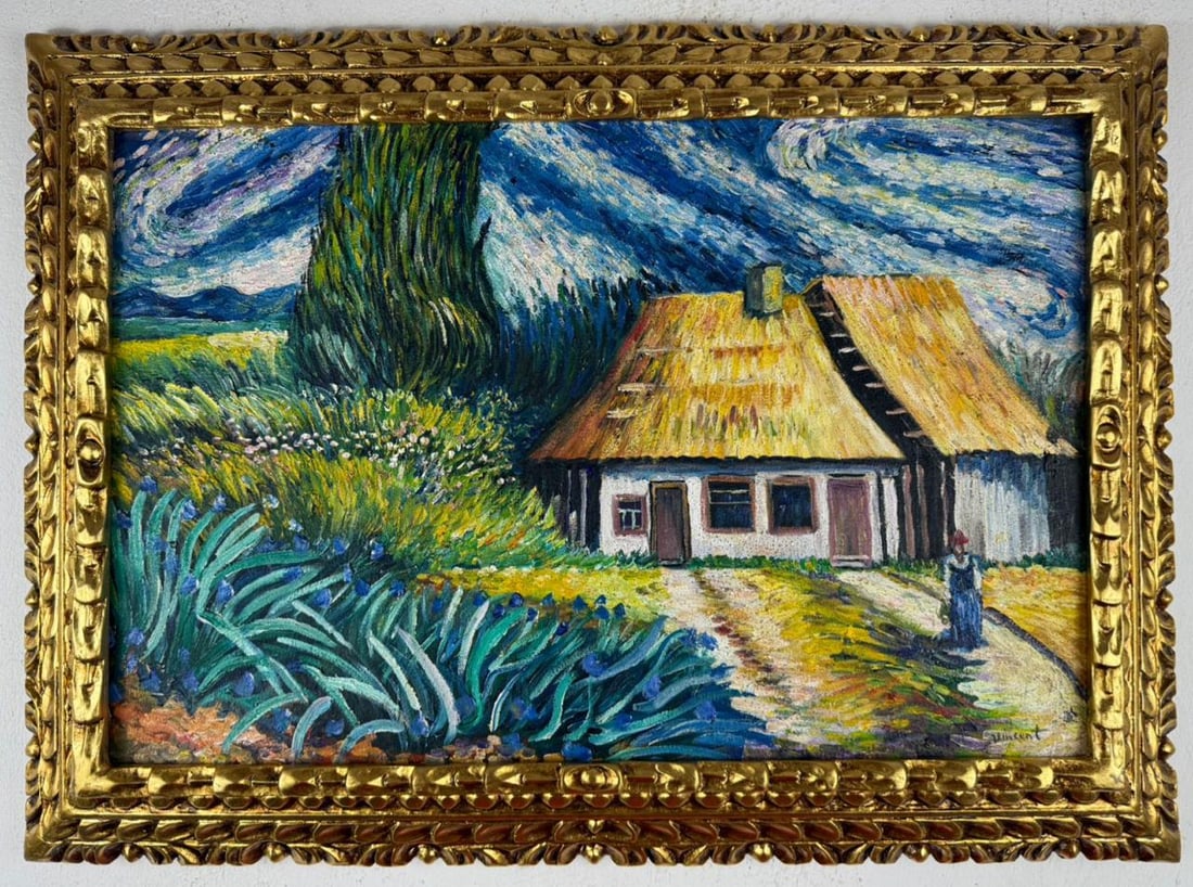 Vincent Van Gogh Dutch (Oil on Canvas Painting) in the style of: Rendered in the style of Vincent Van Gogh. Technique: Oil on canvas Painting. Measures: 21.5 x 29.5 Inches. Provenance:Private Collection Europe. "In the style of" means after the artist. The work is 